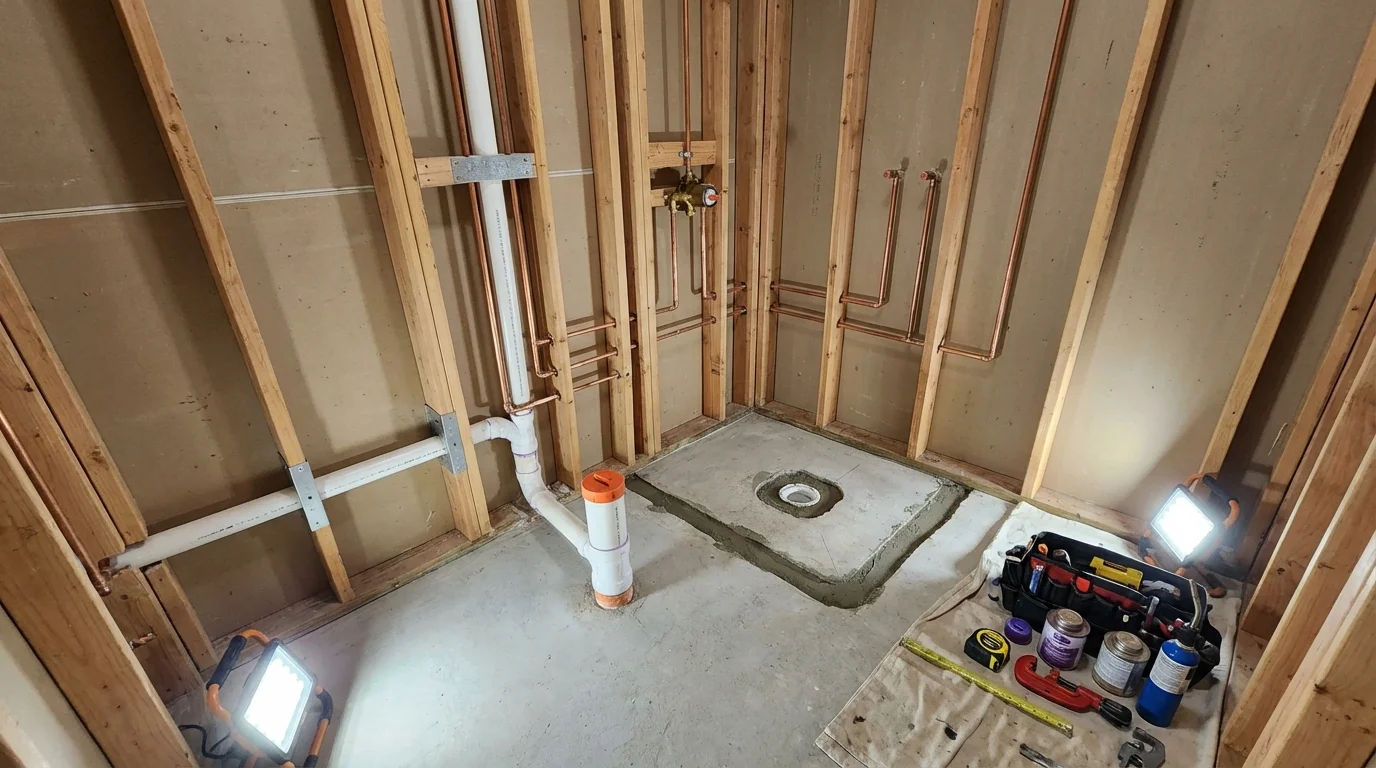 Bathroom rough-in plumbing during remodel by Johns Plumbing LLC in Sanibel