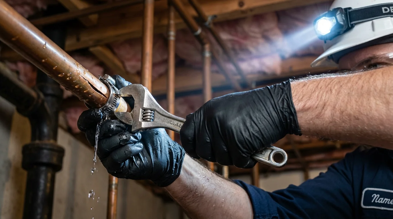 Emergency pipe clamp repair being performed by a Johns Plumbing LLC plumber in Sanibel