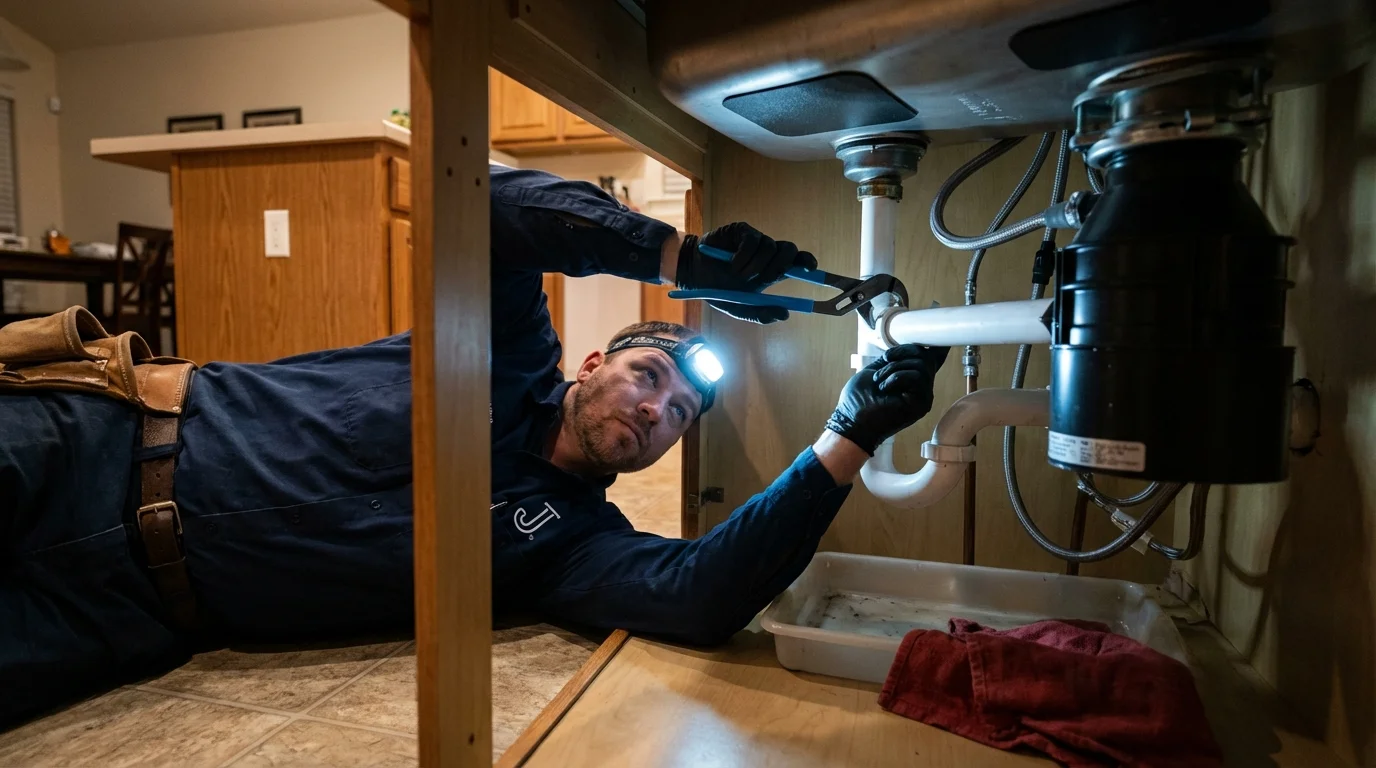 P-trap and supply line connections under a kitchen sink showing a common leak point in Sanibel, FL